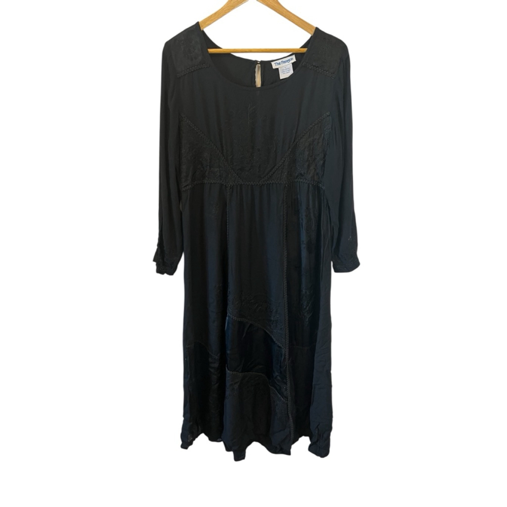 VINTAGE Dress Women’s Large Black Long Sleeve Long Midi Lace Satin L
